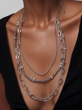 Layered Silver Bead & Link Necklace - Women Jewelry